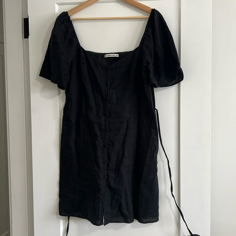 Black linen button front dress